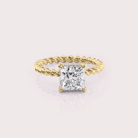 2.14 CT IGI Certified Princess cut CVD Diamond,14K Yellow Gold Diamond Ring, Hidden Halo with Rope style band RE521