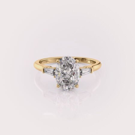 2.80Ct Oval CVD diamond & Tapper Baguette three stones engagement ring in 14ct yellow gold RE714