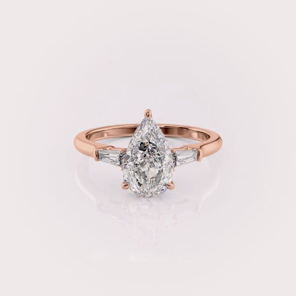 2.33Ct Pear CVD diamond & Tapper Baguette three stones engagement ring in 14ct rose gold RE715