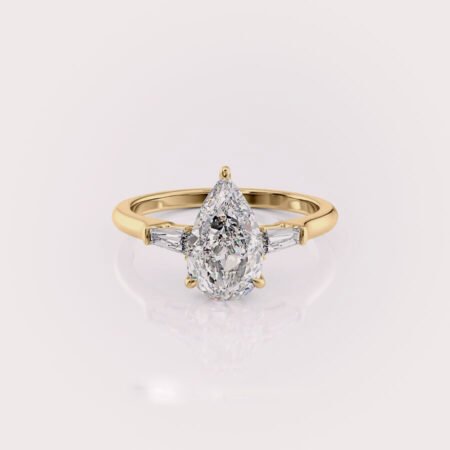 2.33Ct Pear CVD diamond & Tapper Baguette three stones engagement ring in 14ct yellow gold RE717