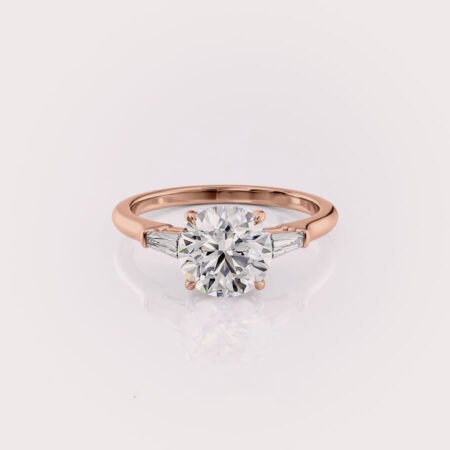 2.38Ct Round CVD diamond & Tapper Baguette three stones engagement ring in 14ct Rose gold RE721
