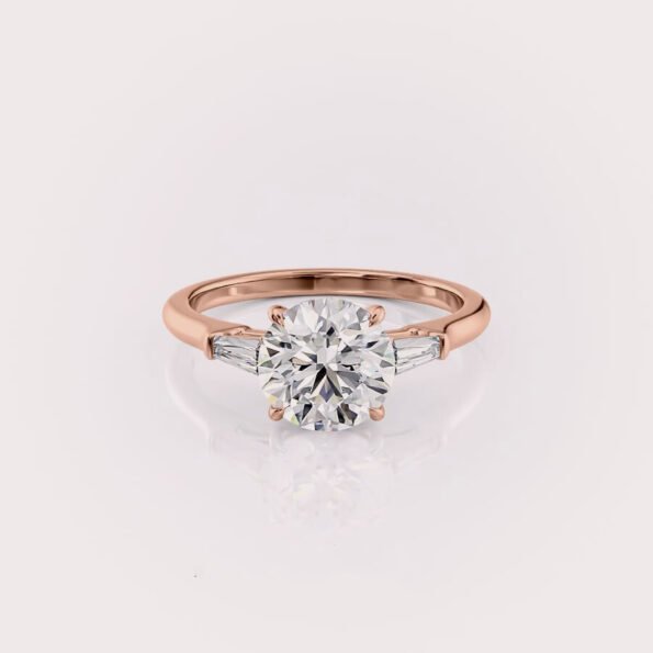 2.38Ct Round CVD diamond & Tapper Baguette three stones engagement ring in 14ct Rose gold RE721