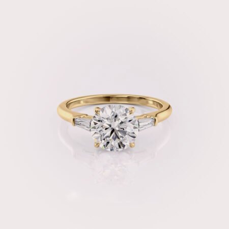 2.38Ct Round CVD diamond & Tapper Baguette three stones engagement ring in 14ct yellow gold RE723