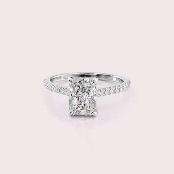 2.53 CT IGI Certified Radiant cut CVD Diamond,14KT White Gold Ring with Hidden Halo & Side Round Diamonds RE638