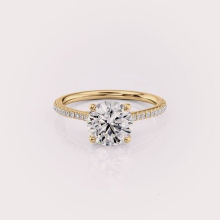 Round CVD diamond centre and pavé diamond band engagement ring in 14ct yellow gold RE702