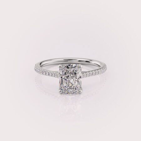 Radiant CVD diamond centre and fishtail pavé diamond band engagement ring in 14ct white gold RE704