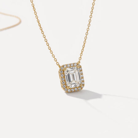 1.12 TCW 14K Gold Emerald cut Solitaire with Halo Lab Grown Diamond Cluster Necklace IGI Certified