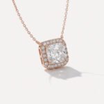 1.12 TCW 14K Rose Gold Radiant cut Solitaire with Halo Lab Diamond Cluster Necklace RE852