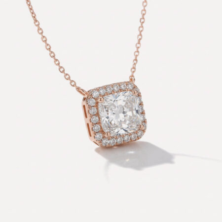 1.12 TCW 14K Rose Gold Radiant cut Solitaire with Halo Lab Diamond Cluster Necklace RE852