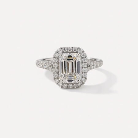2.98 Carat Emerald cut Lab Grown Diamond Halo & Split Shank Engagement Ring 14K White Gold E/VVS1 IGI Certified