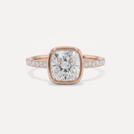 2ct Cushion Cut E-F VS1 IGI Certified Lab Diamond Engagement Ring in 14K Rose Gold – Bezel Hidden Halo & Pave Accents