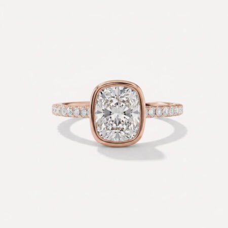 2.5ct Elongated Cushion Cut E-F VS1 IGI Certified Lab Diamond Engagement Ring in 14K Rose Gold – Bezel Hidden Halo & Pave Accents