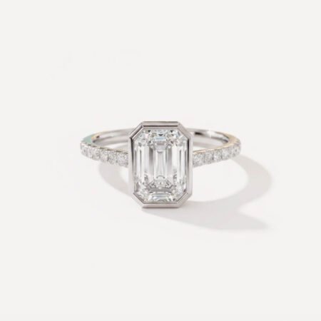 2.5ct Emerald Cut E VS1 IGI Certified Lab Diamond Engagement Ring in 14K White Gold – Bezel Hidden Halo & Pave Accents