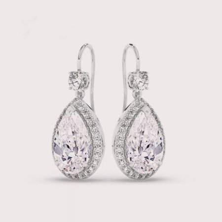 2.67tcw Pear Solitaire Halo 14K White Gold Fish Hook Earring set