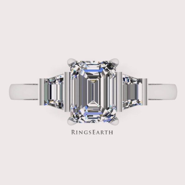 1.73 tcw Emerald cut Lab Grown Diamond Ring, three diamonds 14K White Gold Engagement ring