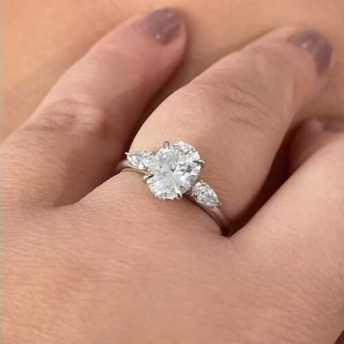 1.5ct Oval Cut Lab Diamond Engagement Ring, Side Round & Pear Cut diamonds 14K White Gold photo review