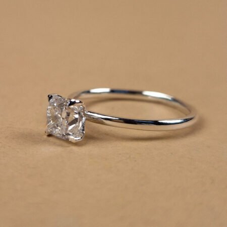 Elegant Cushion Cut Lab Diamond Ring with Knife Edge Band in 18K White Gold – Side Angle