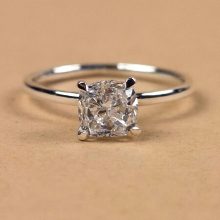 1 Carat Cushion Cut Lab Diamond Solitaire Ring in 18K White Gold with Knife Edge Band – Front View