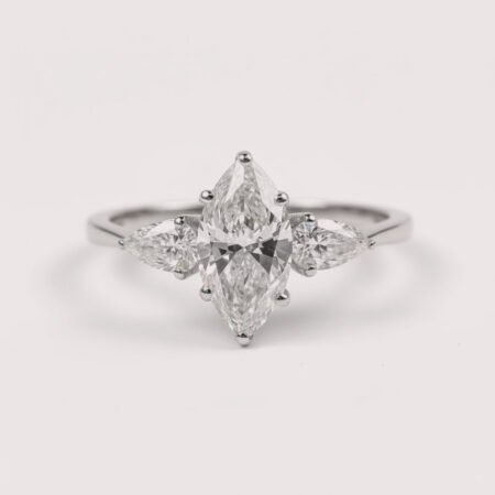 2.50 Carat IGI CERTIFIED F Color VS+ Clarity Marquise Cut Three Stone Lab Grown Diamond Engagement Ring, Side Pear Cuts 18k White Gold RE265