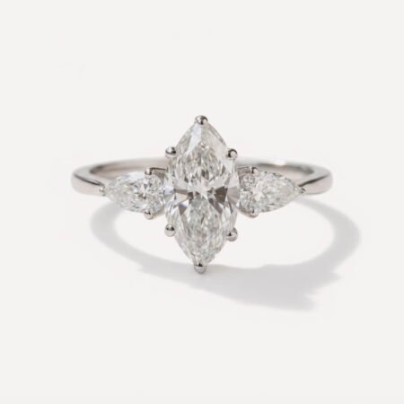 2.50 Carat IGI CERTIFIED E/VS1 Clarity Marquise Cut Three Stone Lab Grown Diamond Engagement Ring, Side Pear Cuts 18k White Gold RE265
