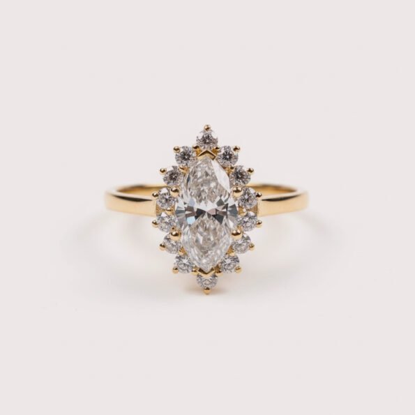 Marquise Cut 1.38 Carat F VS1 SGL Certified Lab Diamond Engagement Ring in 14K Yellow Gold – Starburst Halo Setting