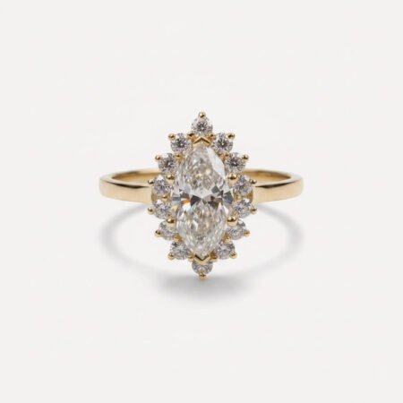Marquise Cut 1.38 Carat E VS1 IGI Certified Lab Grown Diamond Engagement Ring in 14K Yellow Gold – Starburst Halo Setting
