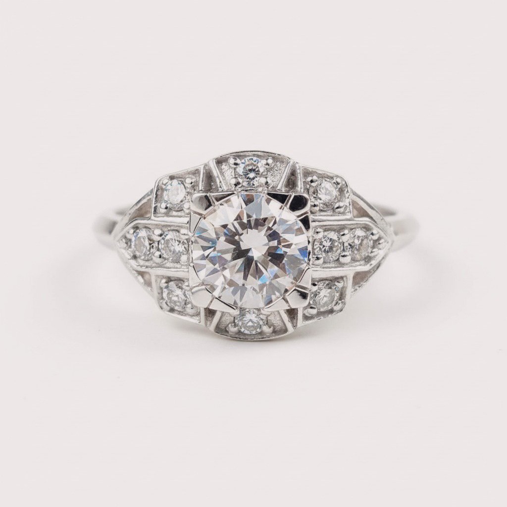 Mid-Century Vintage Art Deco Round Cut CVD Diamond Ring, Edwardian Anniversary Ring Mid-Century Vintage Art Deco Round Cut CVD Diamond Ring, Edwardian Anniversary Ring