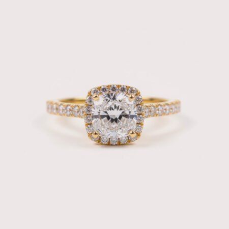 0.75ct Cushion Cut F-VS1 Certified Lab-Grown Diamond Engagement Ring with Accent Round Diamonds in 18K Gold