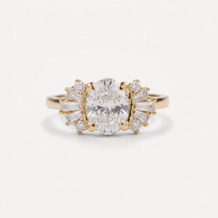 1.85 Carat Oval Cut Lab Grown Diamond Art deco Sunburst Engagement Ring in 14K Gold IGI Certified