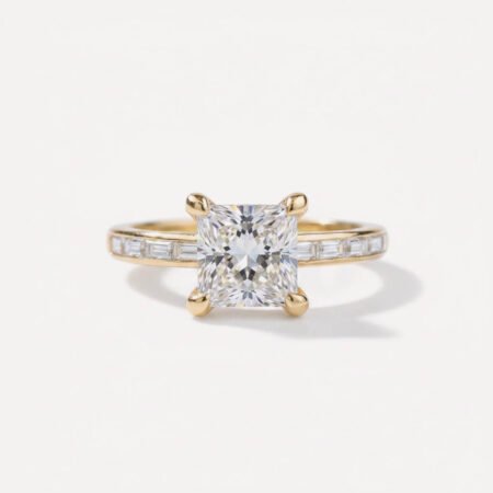 Princess Cut 2.03 Carat E VS1 IGI Certified Lab Diamond Engagement Ring in 14K Yellow Gold – Hidden Halo with Baguette Accents