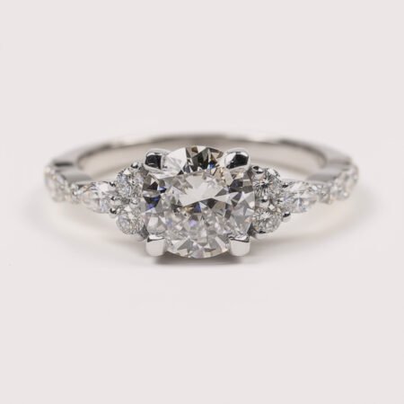 1.45ctw Round Cut Lab Diamond Engagement Ring, Side Marquise & Round Cut Hidden Halo diamonds 14K White Gold