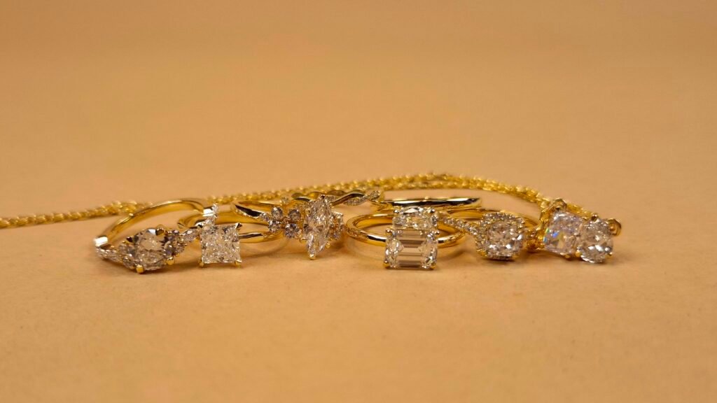 Eco-friendly lab-grown diamond jewelry collection flat lay