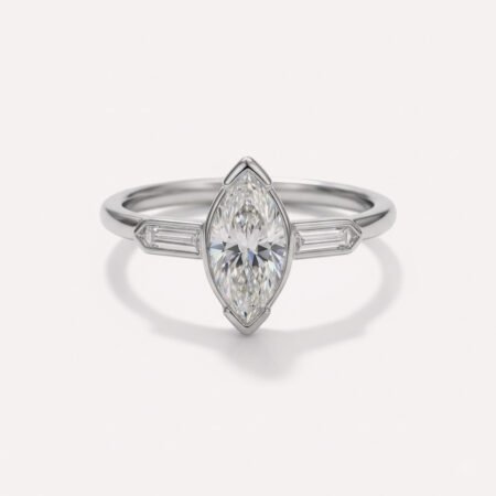 Marquise Cut 1.60ct EF VS1 IGI Certified Lab Diamond Three Stone Ring in 14K Gold – Bullet Side Accents