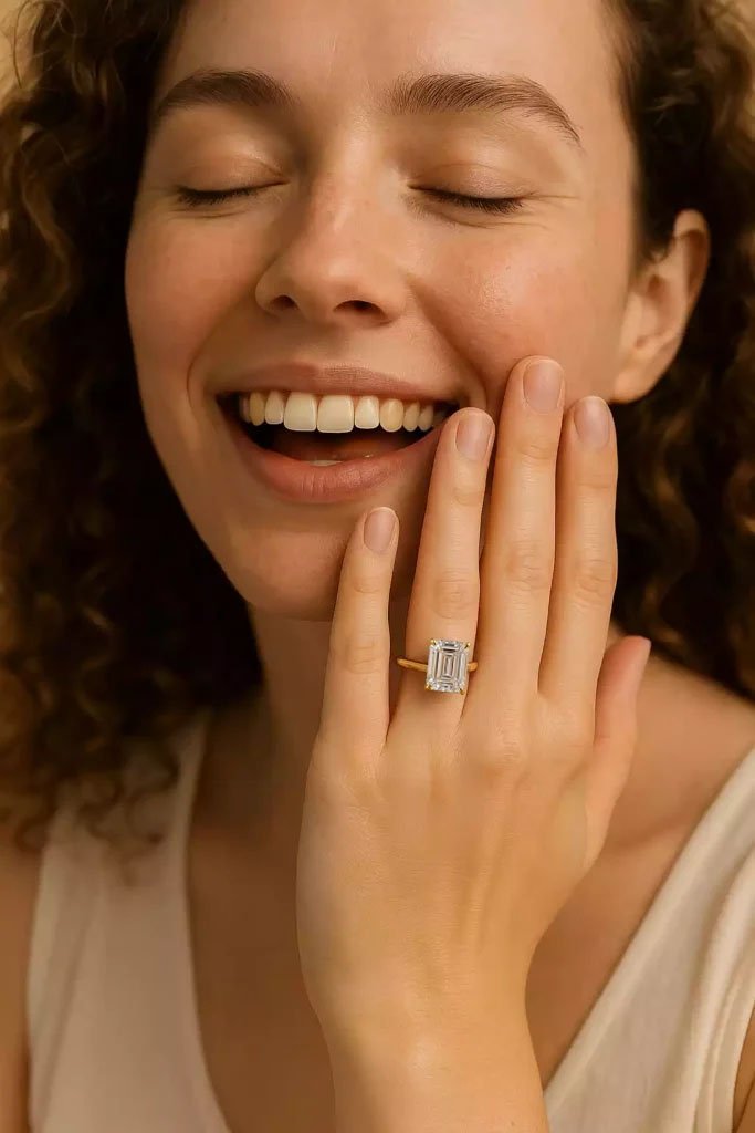 UN1003-11 Smiling woman wearing emerald cut 6ct lab diamond solitaire ring in yellow gold – engagement ring lifestyle shot