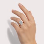 Emerald cut 6 carat lab diamond solitaire ring in 18K yellow gold – front view on matte background