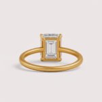 Emerald cut 6 carat lab diamond solitaire ring in 18K yellow gold – front view on matte background