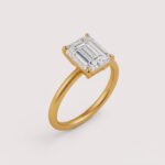 Emerald cut 6 carat lab diamond solitaire ring in 18K yellow gold – front view on matte background