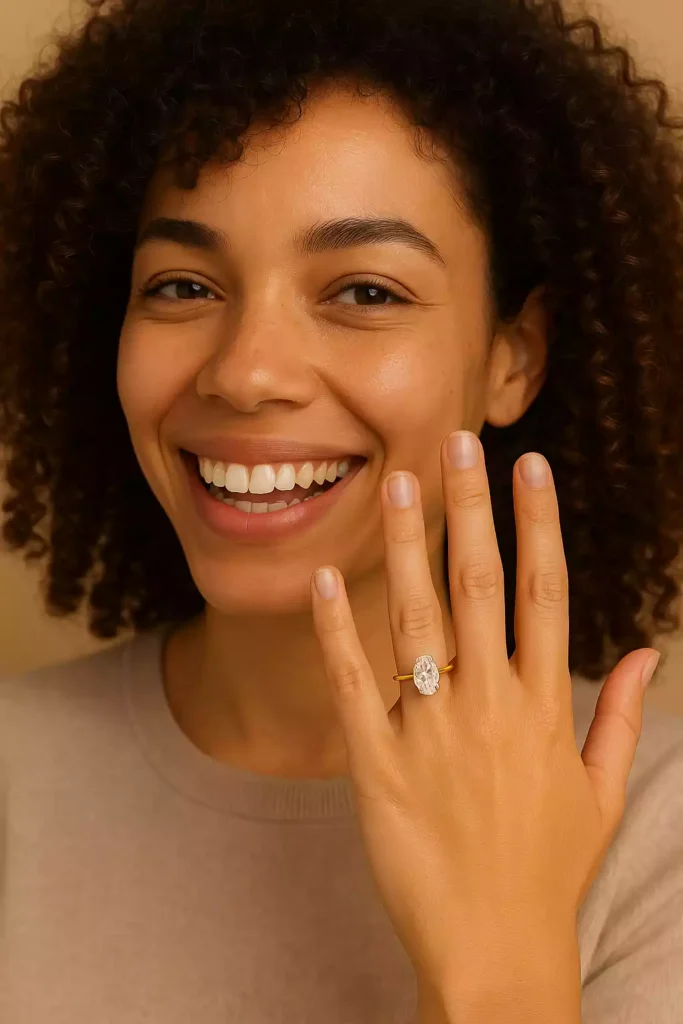 UN1004 (1) Smiling woman showing 5.5ct oval cut lab diamond solitaire ring in yellow gold – engagement ring lifestyle photo