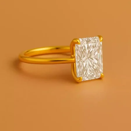 Side profile of 5 carat radiant cut lab diamond solitaire ring in 18K yellow gold – sleek and modern look