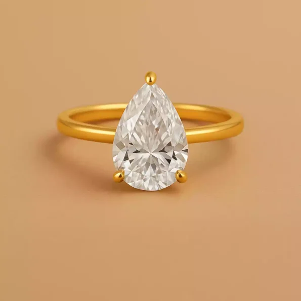 Front view of 5ct pear cut lab diamond solitaire ring in yellow gold – classic teardrop diamond setting