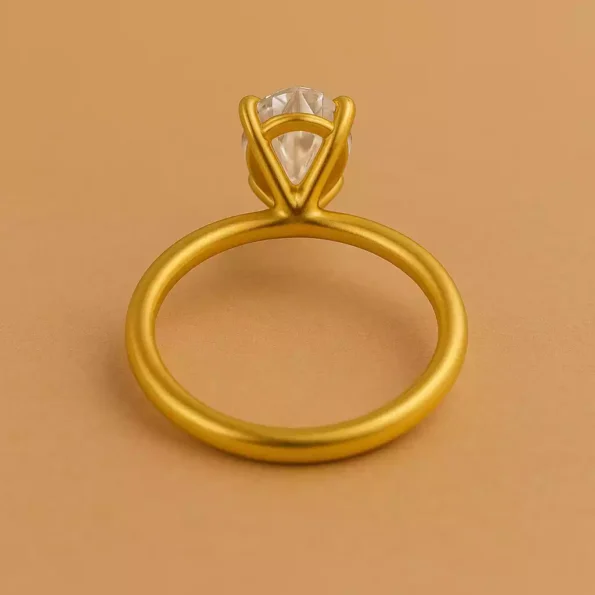 Back view of 5 carat pear cut lab diamond solitaire ring in yellow gold – secure prong and cathedral setting