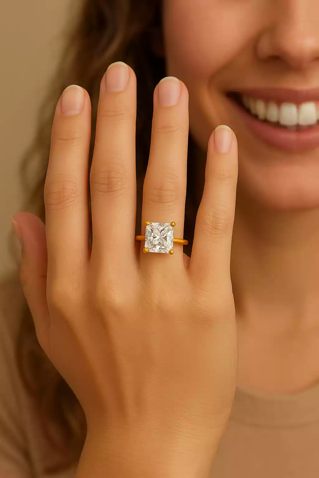 UN1008 (1) Smiling woman wearing 6ct princess cut lab diamond solitaire ring in yellow gold – elegant engagement ring lifestyle shot