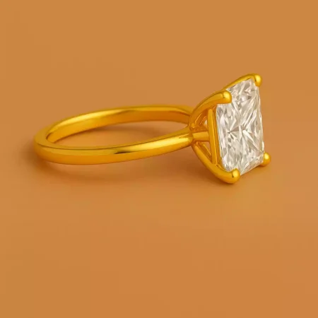 Side profile of princess cut 6ct lab diamond ring in 18K yellow gold – sleek solitaire engagement ring design