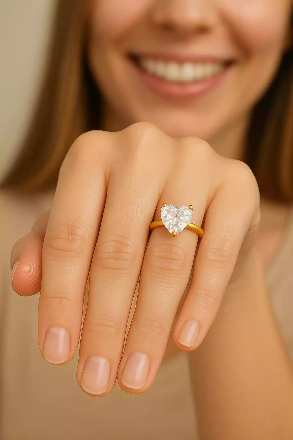 Smiling woman wearing 5ct heart cut lab diamond solitaire ring in yellow gold – romantic engagement ring lifestyle shot