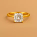Front view of 5ct Asscher cut lab diamond solitaire ring in yellow gold – geometric step-cut brilliance