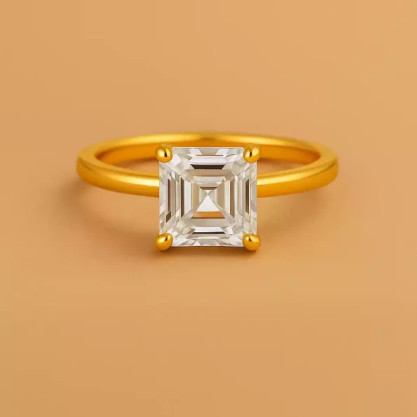 Front view of 5ct Asscher cut lab diamond solitaire ring in yellow gold – geometric step-cut brilliance