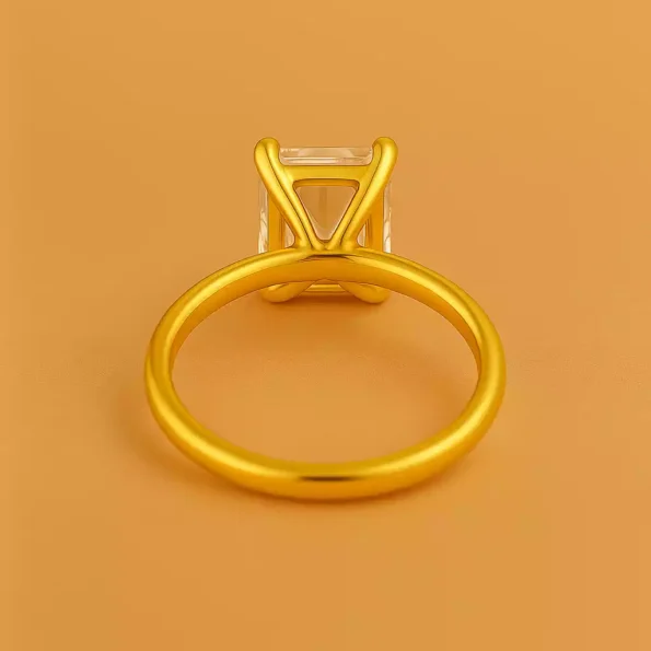 Back view of Asscher cut 5 carat lab diamond solitaire ring in 18K yellow gold – open prong basket with classic band