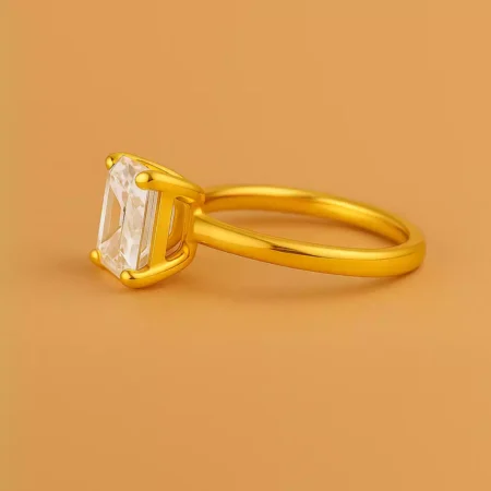 Side view of Asscher cut 5ct lab diamond solitaire ring in yellow gold – minimal solitaire setting with clean silhouette