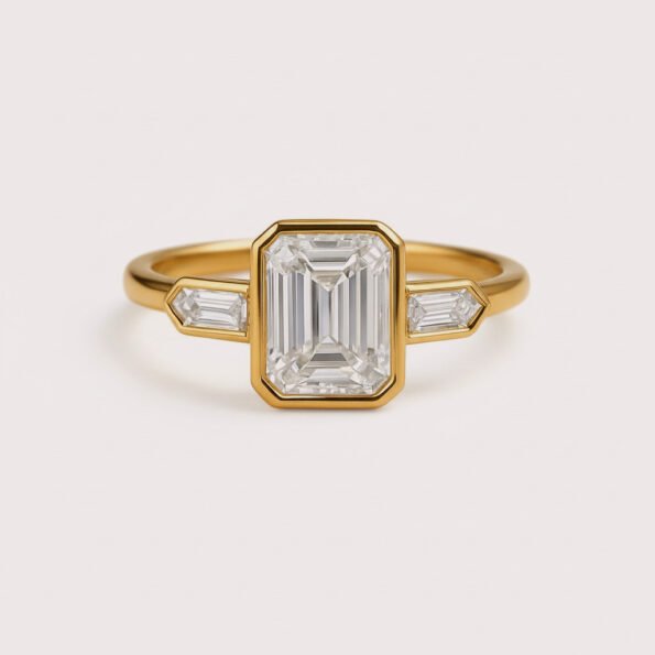 Front view of three-stone engagement ring with emerald cut center diamond and baguette sides in yellow gold