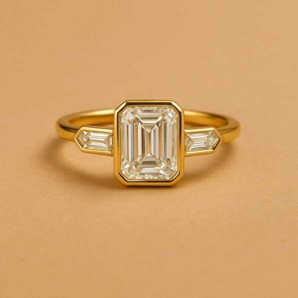Front view of three-stone engagement ring with emerald cut center diamond and baguette sides in yellow gold